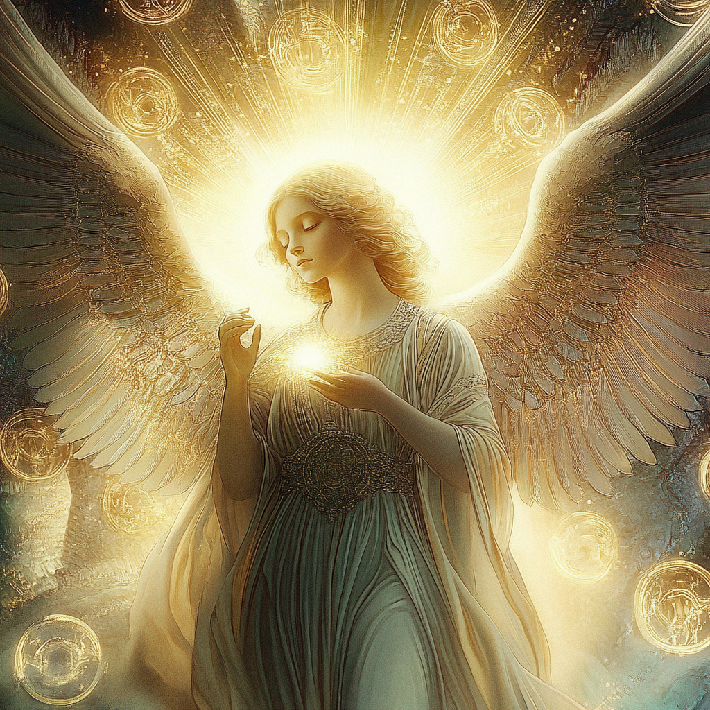 Glowing angelic figure with radiant wings holding light orb, surrounded by golden orbs.