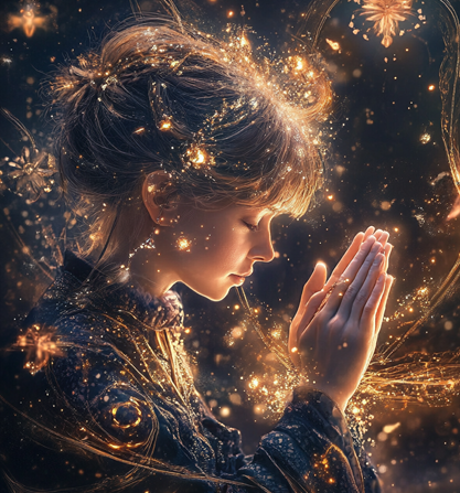 A digital artwork featuring a person with closed eyes and folded hands in a prayer-like pose, surrounded by glowing, ethereal lights and floral elements.