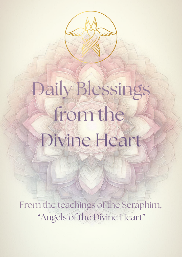 Book cover with a soft pastel-colored lotus flower design and a golden sacred heart with angel wings at the top. Text reads 'Daily Blessings from the Divine Heart' with a subtitle about teachings from the Seraphim, 'Angels of the Divine Heart.'.