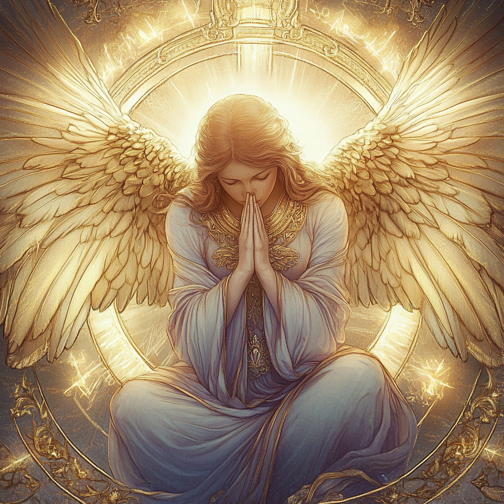 A serene angel with large golden wings, wearing a flowing robe, kneels with hands in prayer against a glowing, celestial background.