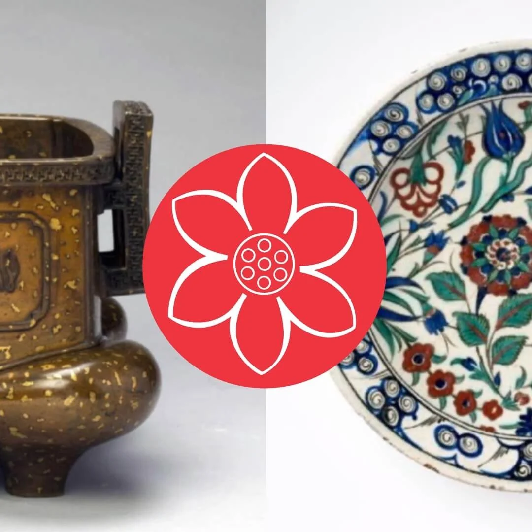 Split image featuring an ornate bronze vessel and a floral-patterned ceramic plate with the Society for Asian Art logo centered between them.