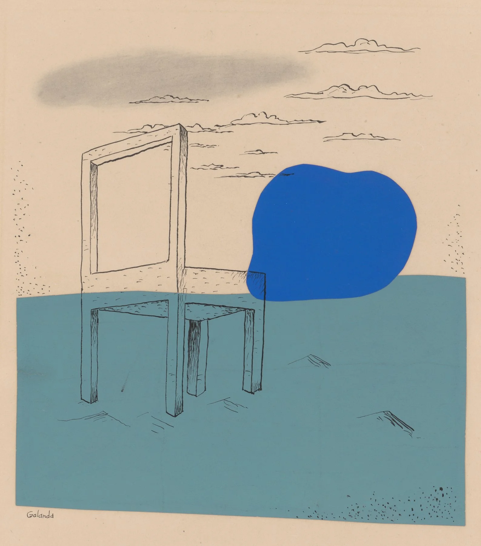 Zeichnung von einem Stuhl auf blauem Hintergrund.