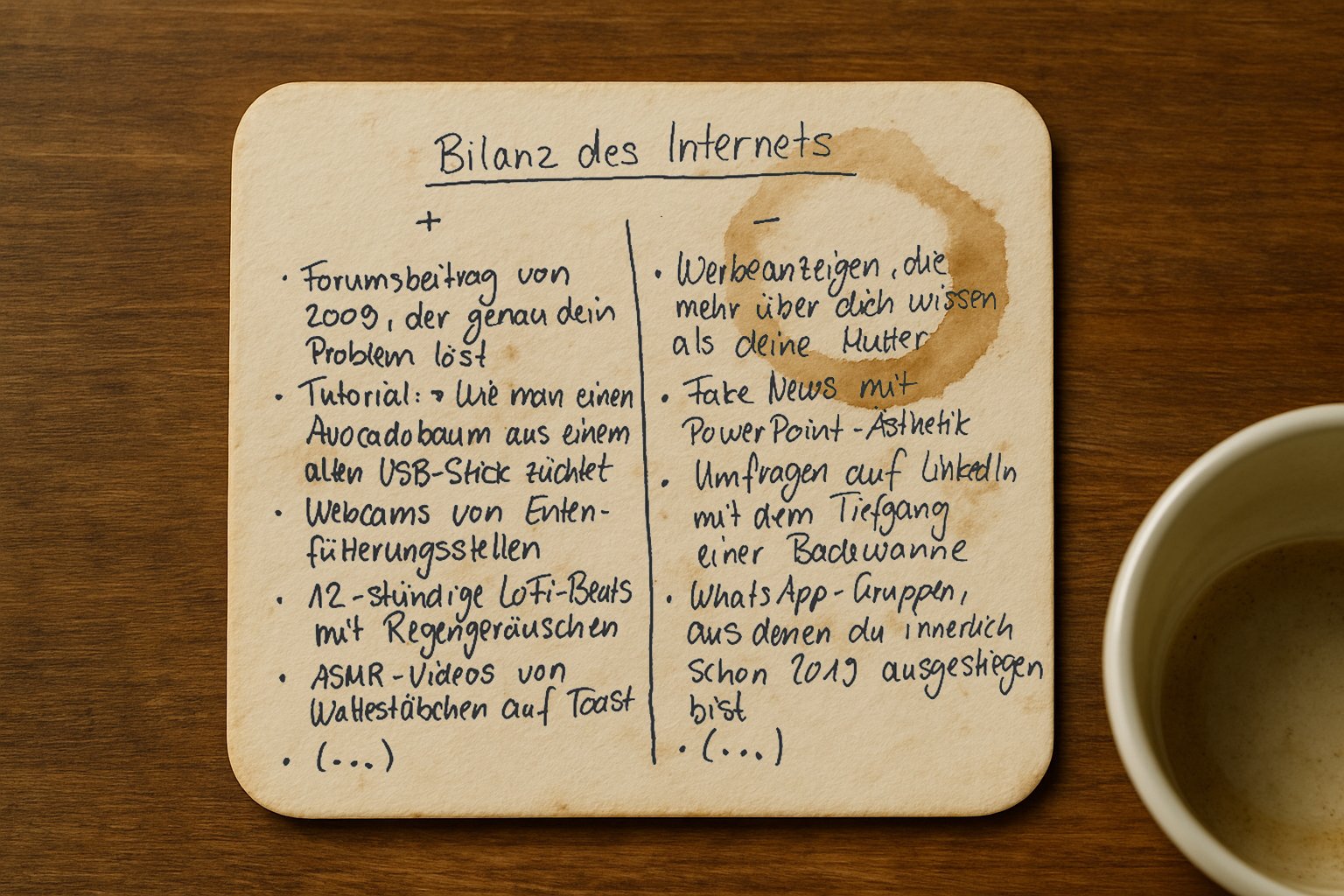 Schmutziger Bierdeckel auf handschriftliche eine Pro- und Contraliste geschrieben ist