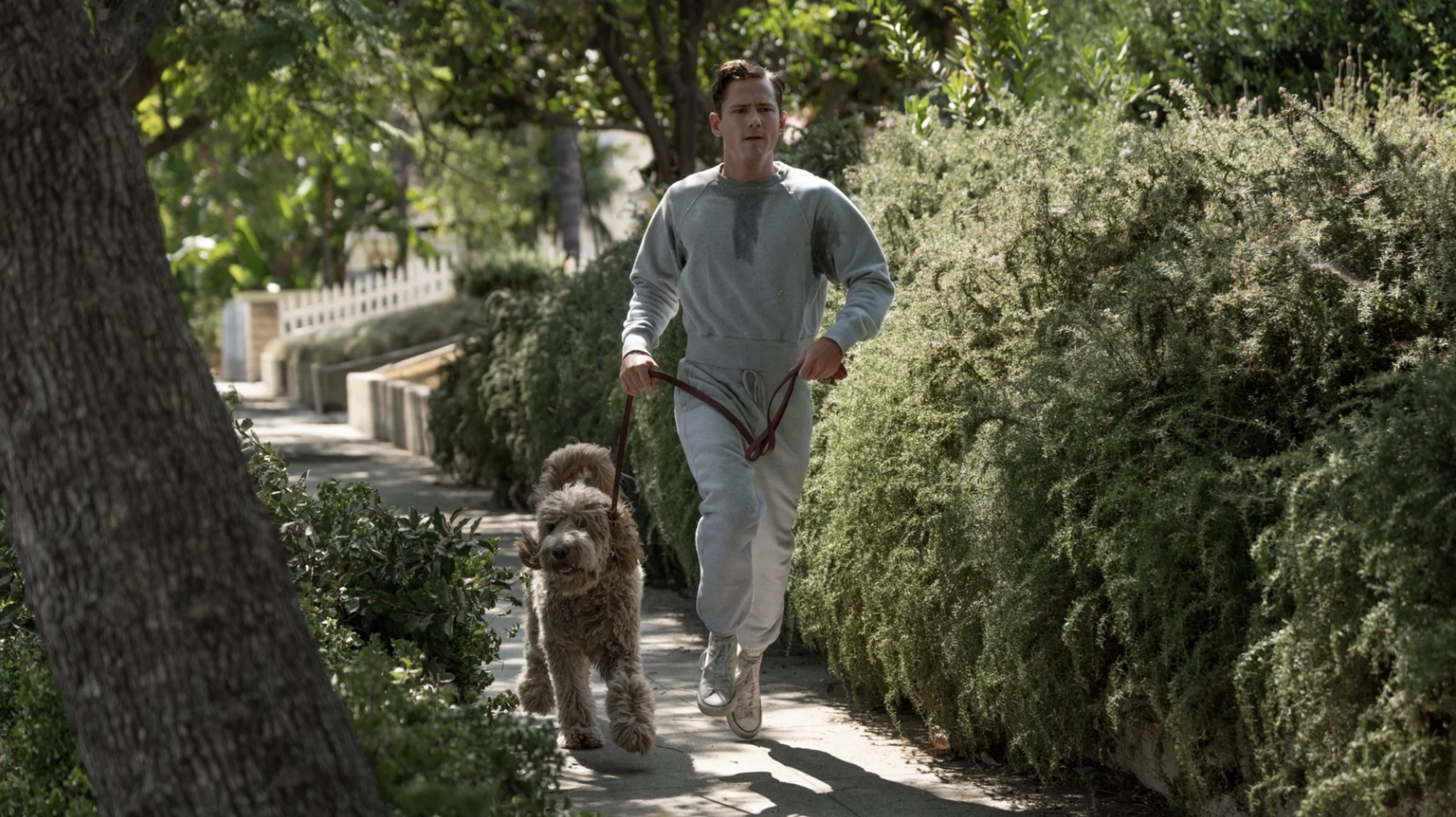 Ein Mann der mit Hund an der Leine joggt, aus der Serie Eine Frage der Chemie.