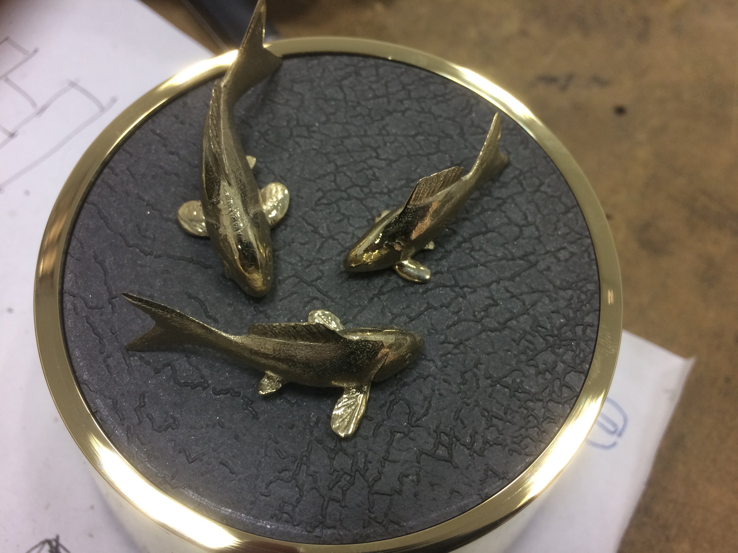 "KOIS" FISHES, jewellery size sculptures made by bronze , commission order for jewellery shop in london , 2019.