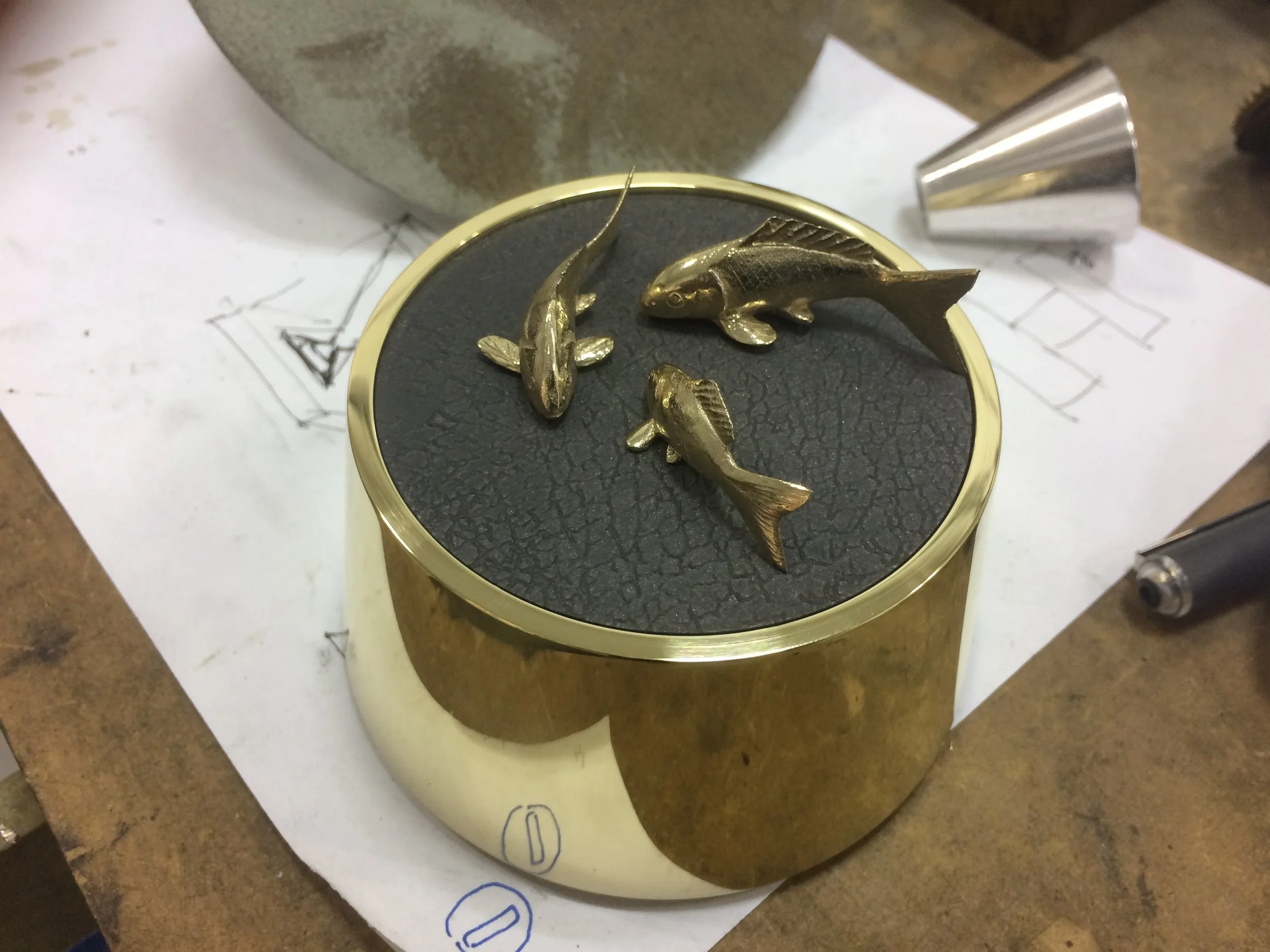 "KOIS" and its plinth , in progress at the workplace for the final polish and finishing.2019.