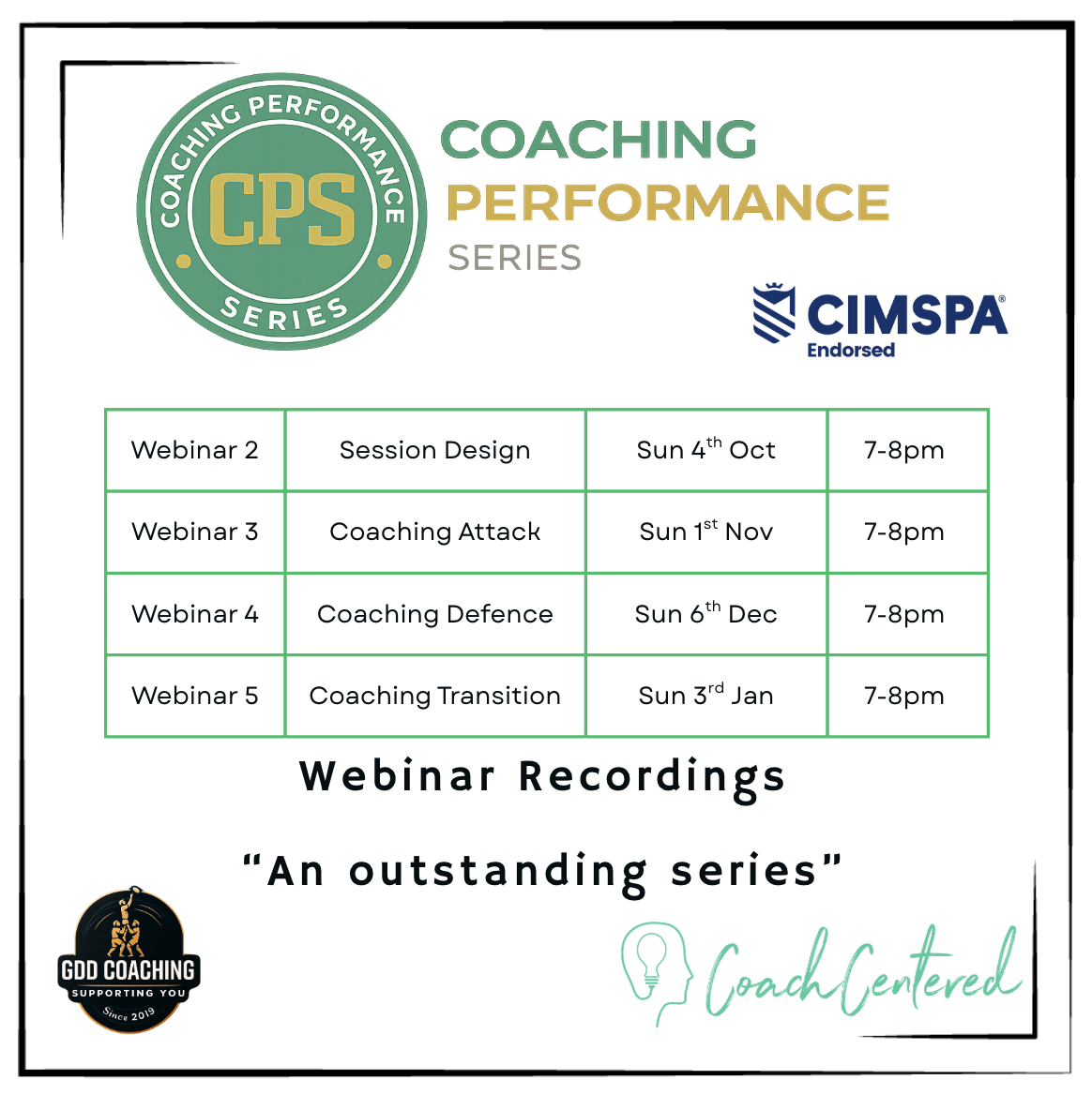 Coaching Performance Series with follow-up Webinar Recordings (4 Webinars). Only available alongside the purchase of the face to face webinar package