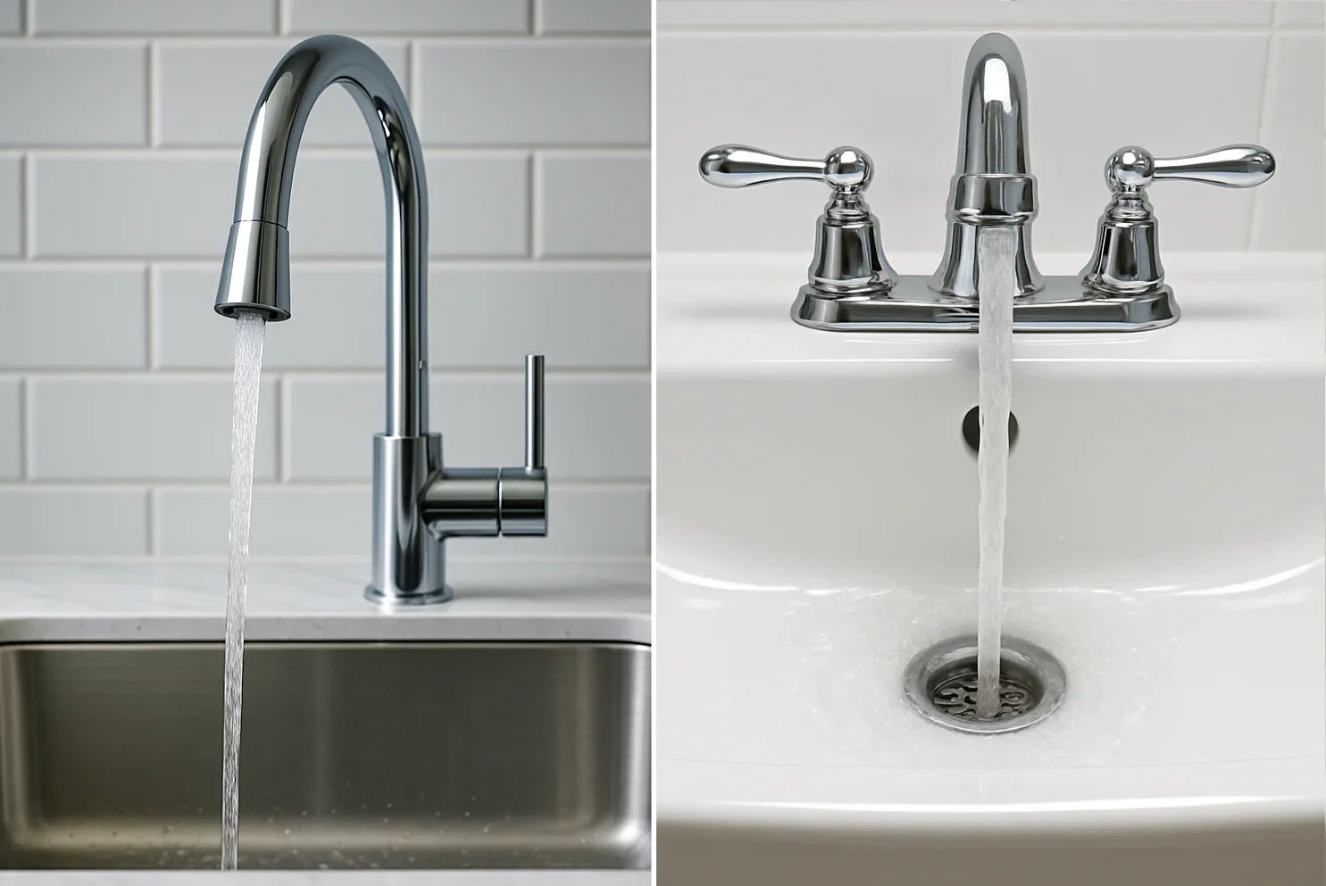 Comparison of a modern kitchen faucet and an older bathroom sink faucet, both with water running.