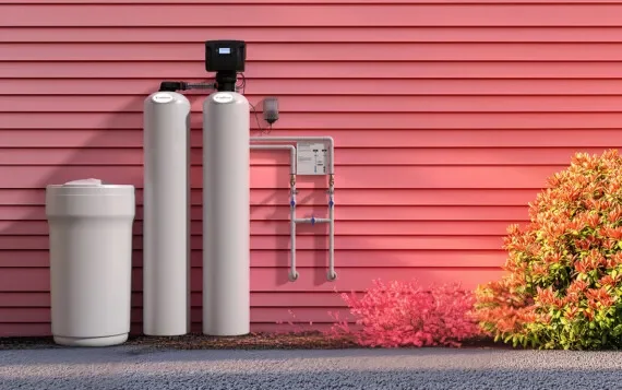 Home water treatment system with a water softener, salt tank, and filtration unit installed outside a pink house.