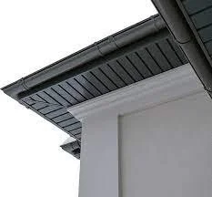 Close-up of the corner of a house showing roof eaves and part of a white wall.