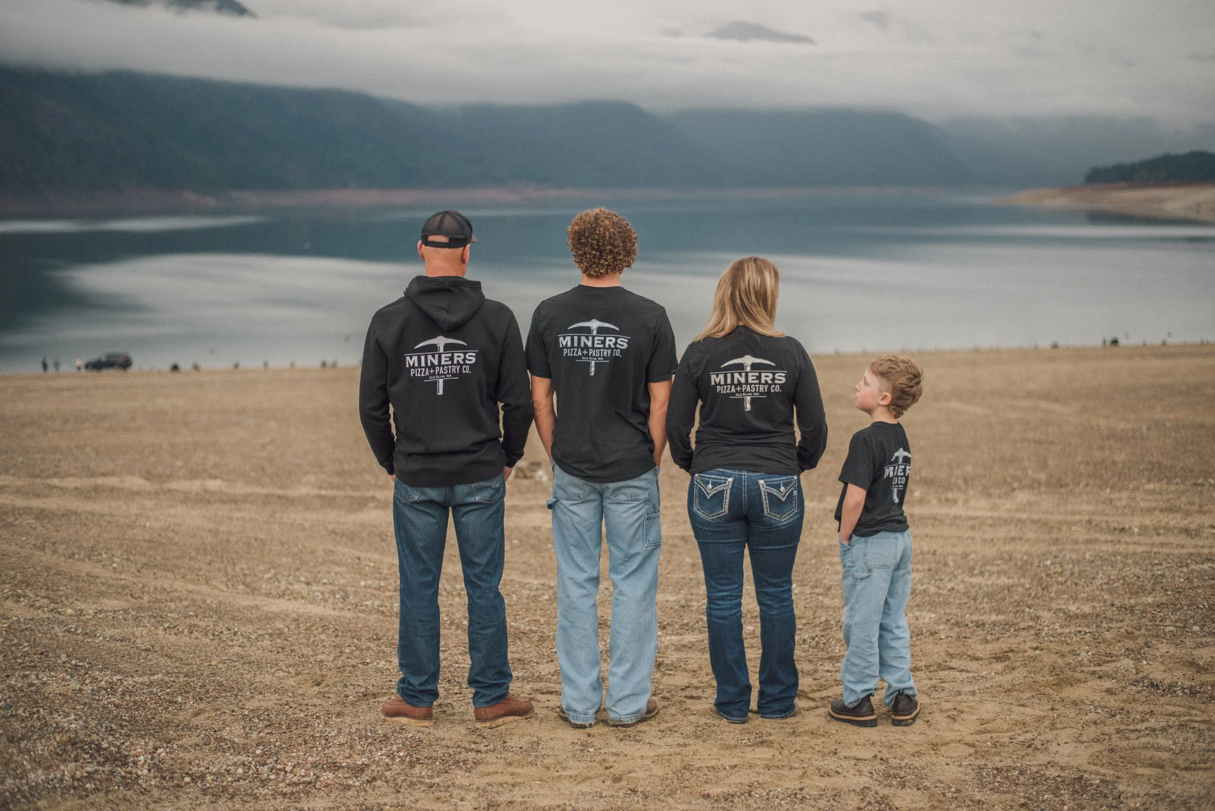 Owners of Miners family photo from back on beach in Cle Elum, WA