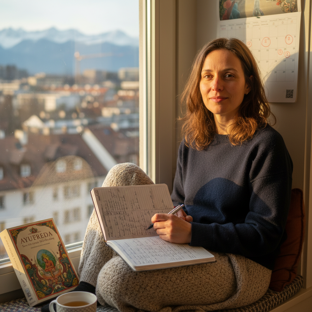 Frau dokumentiert Zyklus mit Ayurveda-Notizen im Fenster mit Bern-Blick