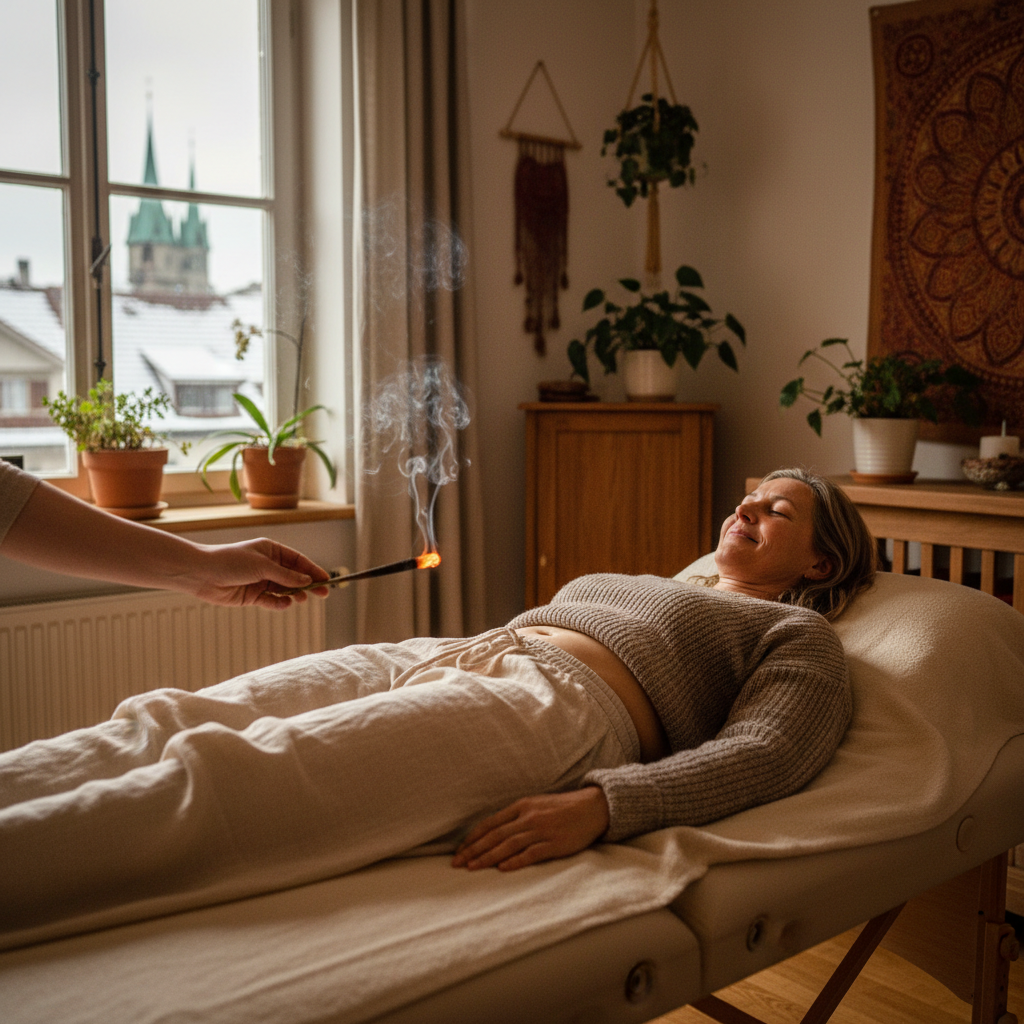 Moxatherapie im Mana Kendra mit Winter-Bern-Blick – TCM Schlafstörungen