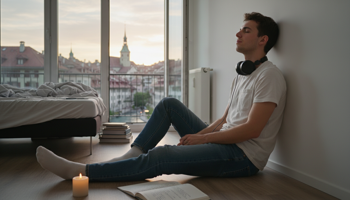 Student entspannt nach Atemübung in Berner WG mit Stadtblick – Atemübungen Stress Bern
