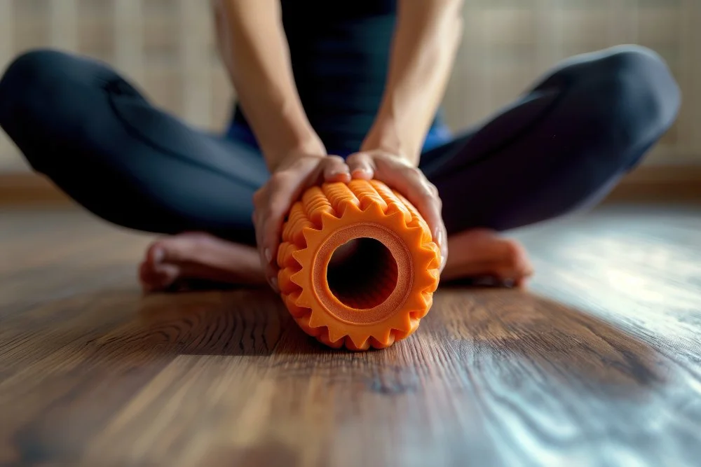 Eine Aufnahme aus der Froschperspektive, die eine Person zeigt, die im Schneidersitz auf einem Holzboden sitzt und eine leuchtend orangefarbene, strukturierte Faszienrolle mit beiden Händen hält.