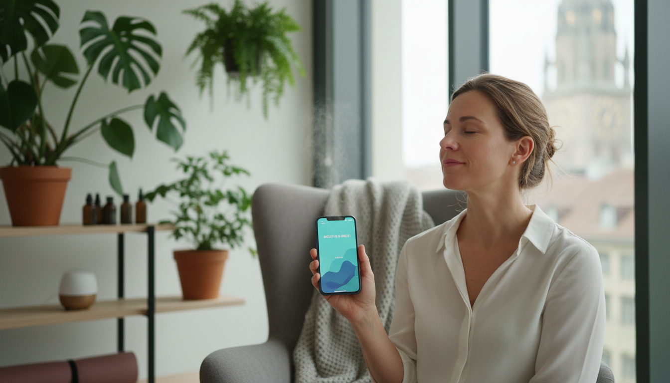 Women 40s relaxing with an app during break