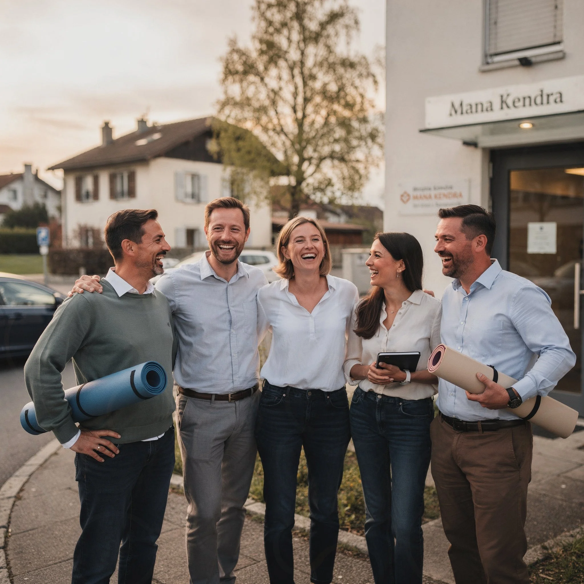 Entspanntes Team nach Burnout-Präventionsworkshop beim Mana Kendra in Ostermundigen