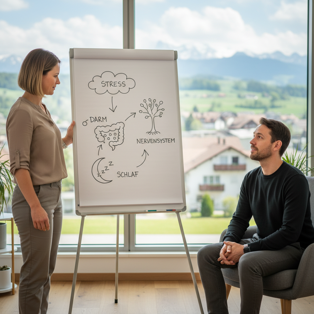 Therapeutin erklärt Gesundheitszusammenhänge auf Whiteboard – ganzheitliches Gesundheitsprogramm