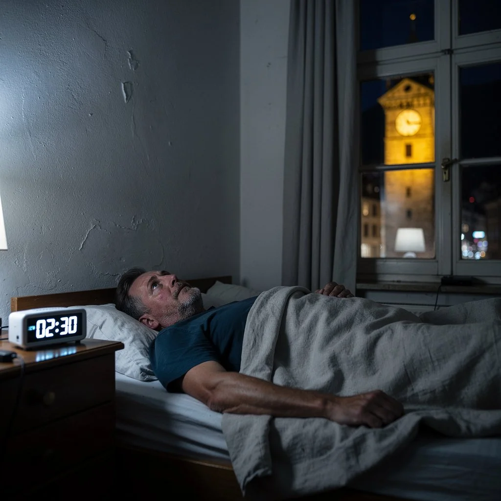 Erschöpfter Mann liegt nachts schlaflos in Berner Wohnung