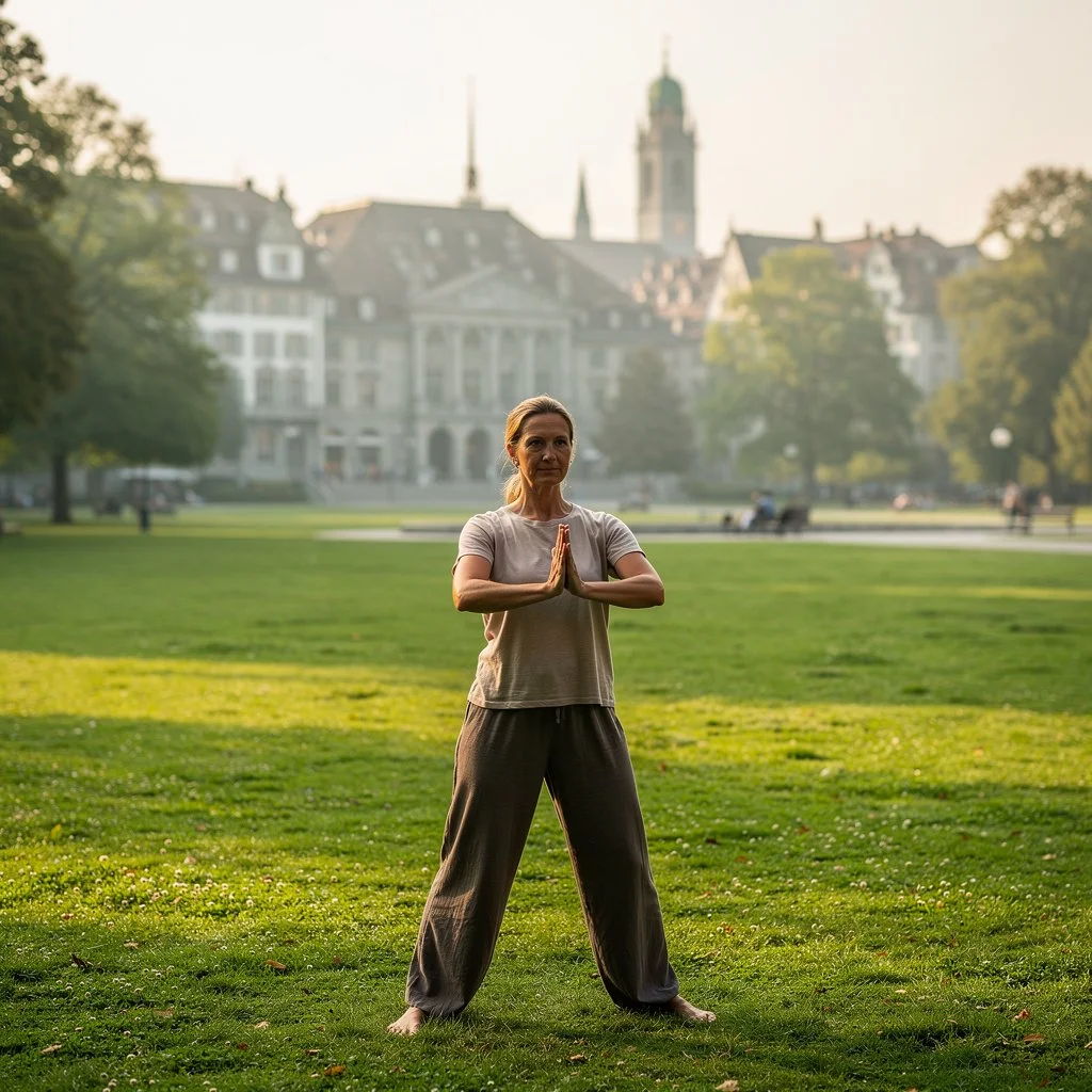 Frau praktiziert zentrierendes Qi Gong im Rosengarten mit Bern-Panorama
