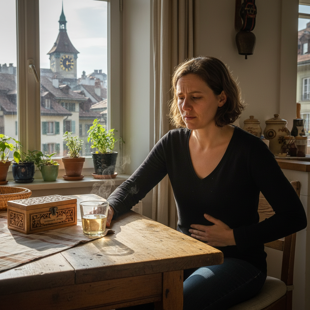 Frau mit Verdauungsproblemen und Ayurveda-Gewürzen in Berner Küche