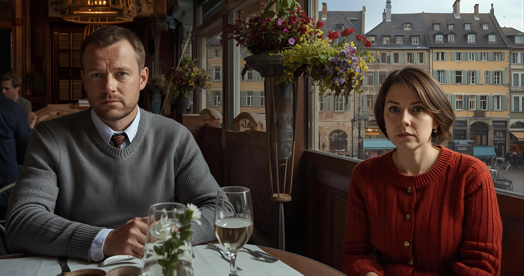 Couple at restaurant table center of bern, ignoring each other