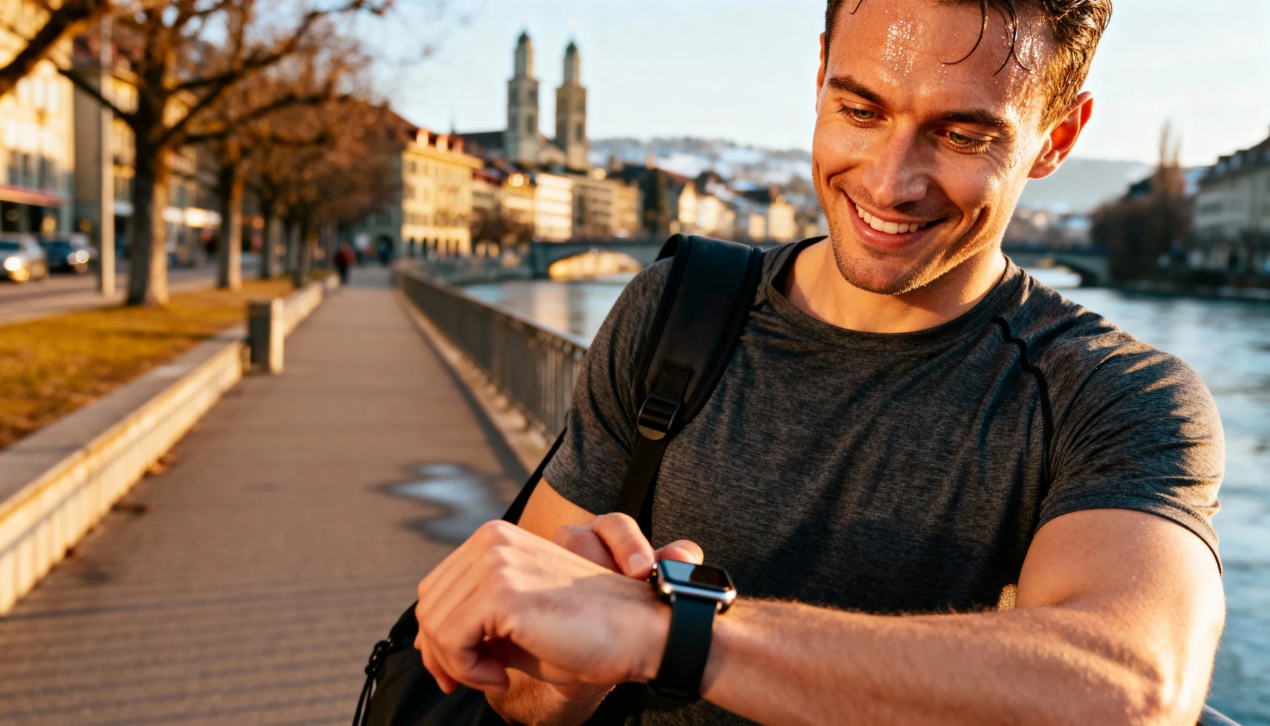 Fitness-Trainer prüft Puls nach Training an der Aare mit Bern-Skyline – Kinesiologie Leistung