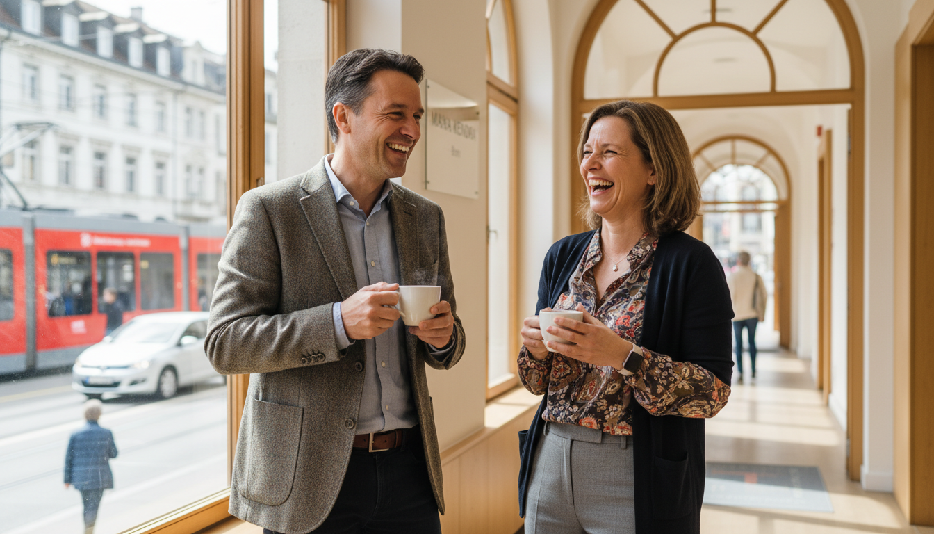 2 person 40s laughing and drinking a coffee in bern