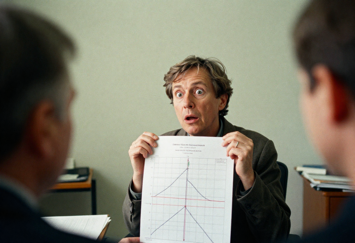 Man 40s doing presentation at work with eyes wide open and looking tired