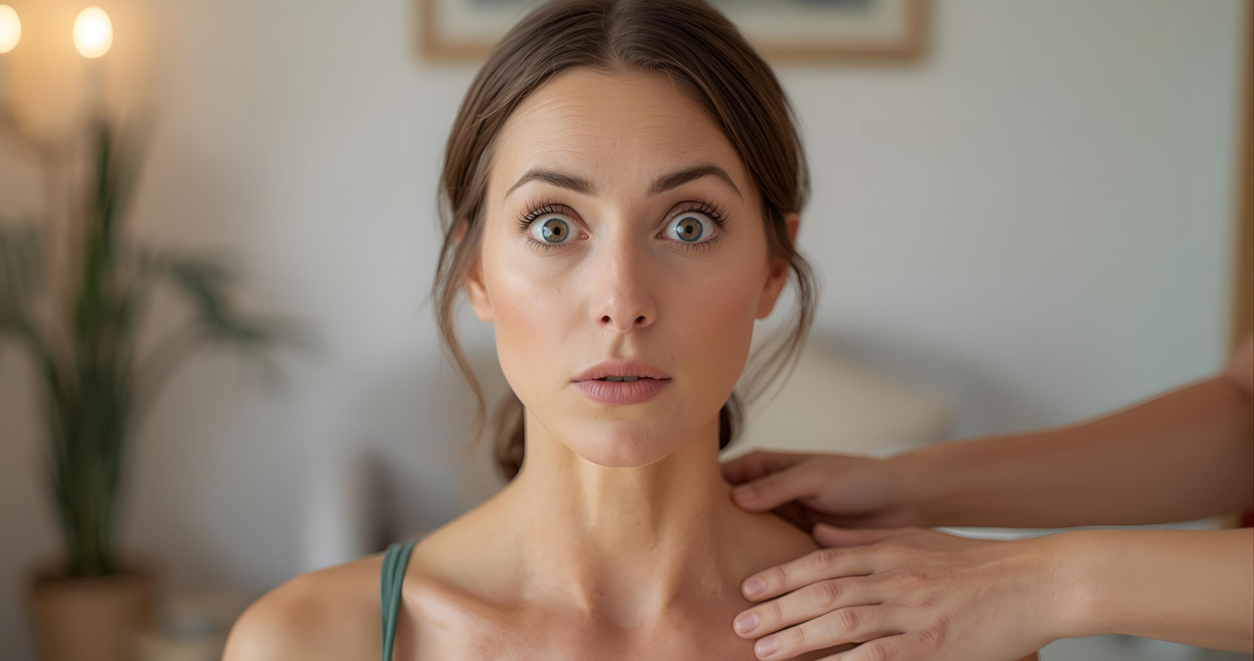Womens 35's, receiving a neck massage, with eyes open, surprised expression