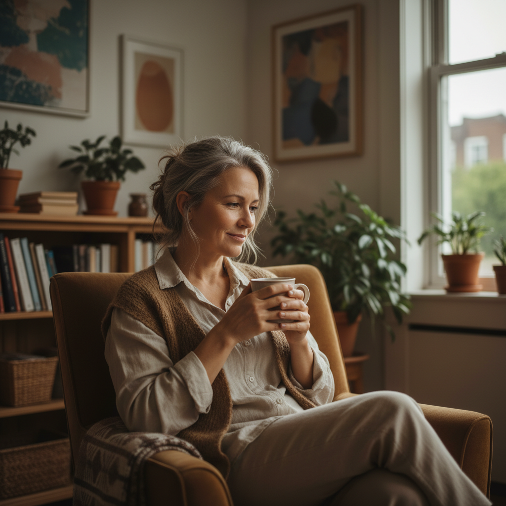 Frau entspannt mit Tee nach Gesundheitsanalyse im Mana Kendra – Gesundheitsberatung Ostermundigen