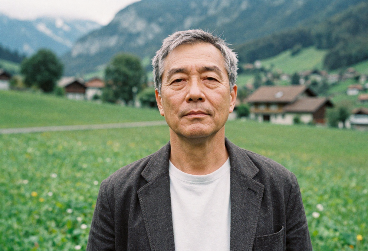 Man in nature, looking relaxed, with valley village in the background