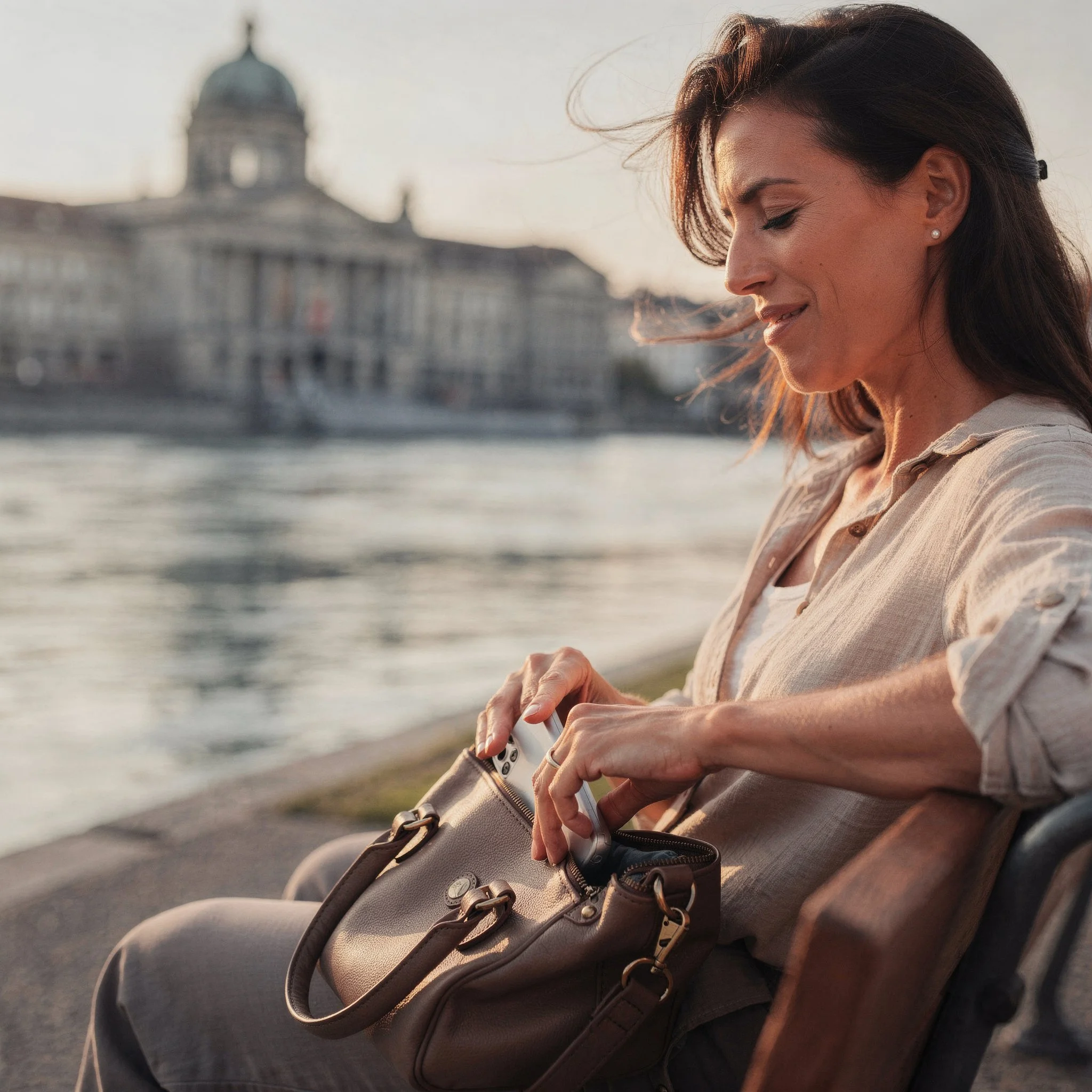 Frau beginnt Digital Detox am Aareufer – bewusster Verzicht aufs Smartphone