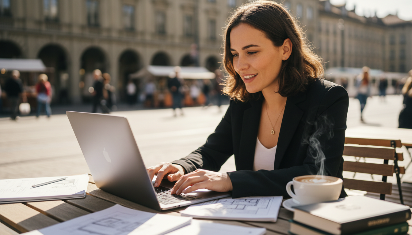 Women 30s sitting in coffee terrasse working on her computer.