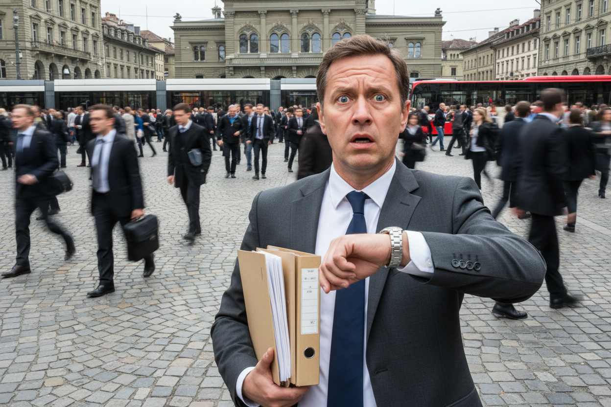 Businessman 40s in Bern, feeling stress during rush hour