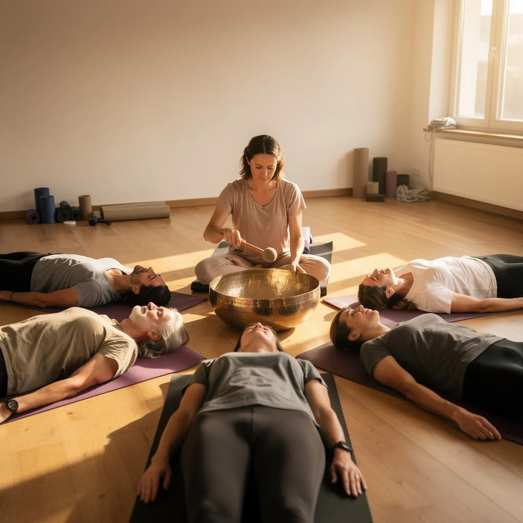 Teilnehmer entspannen bei einem Soundbath Klangabend in Bern
