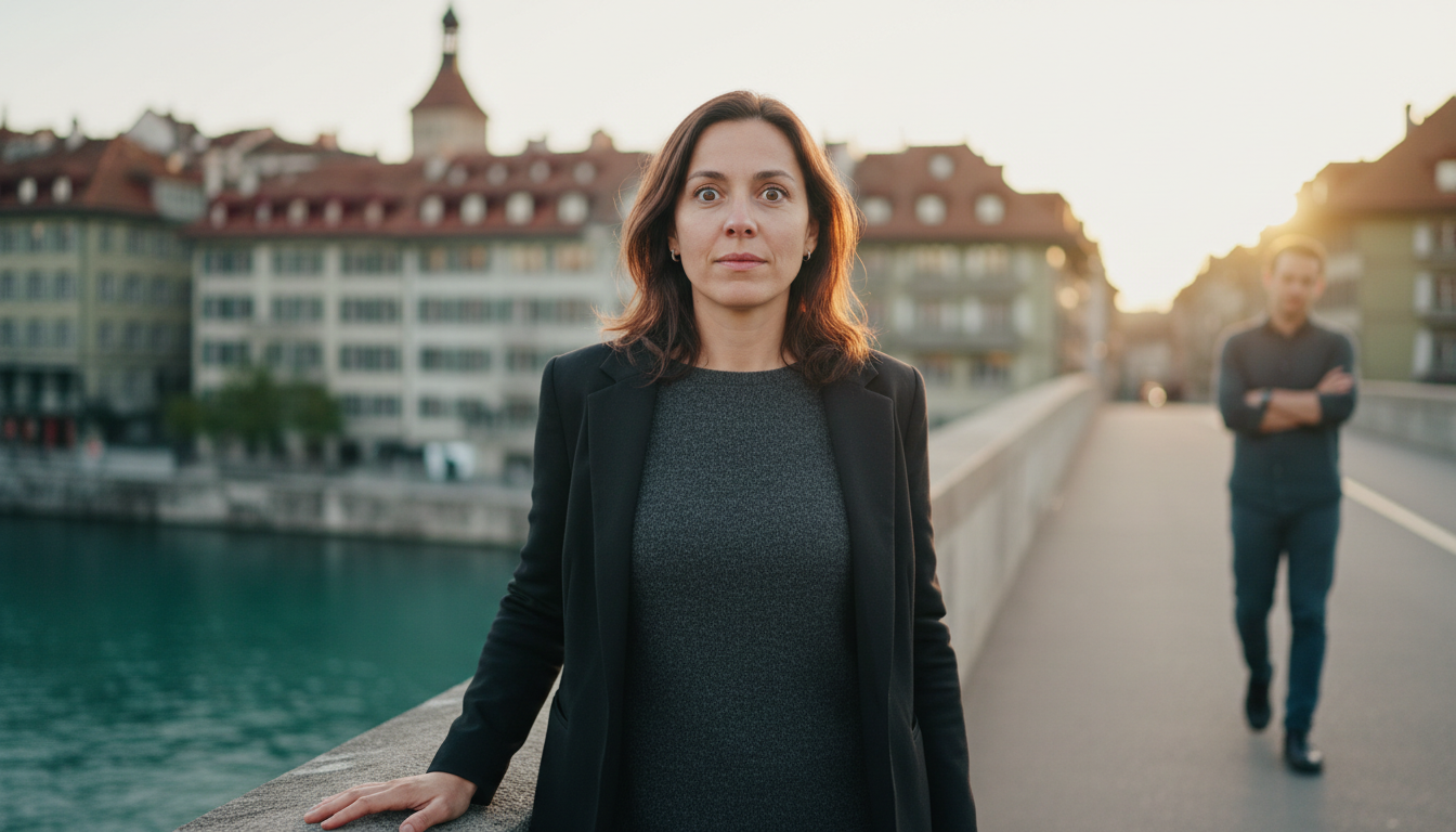 Women 40 in a konflikt with her man walking in bern bridge