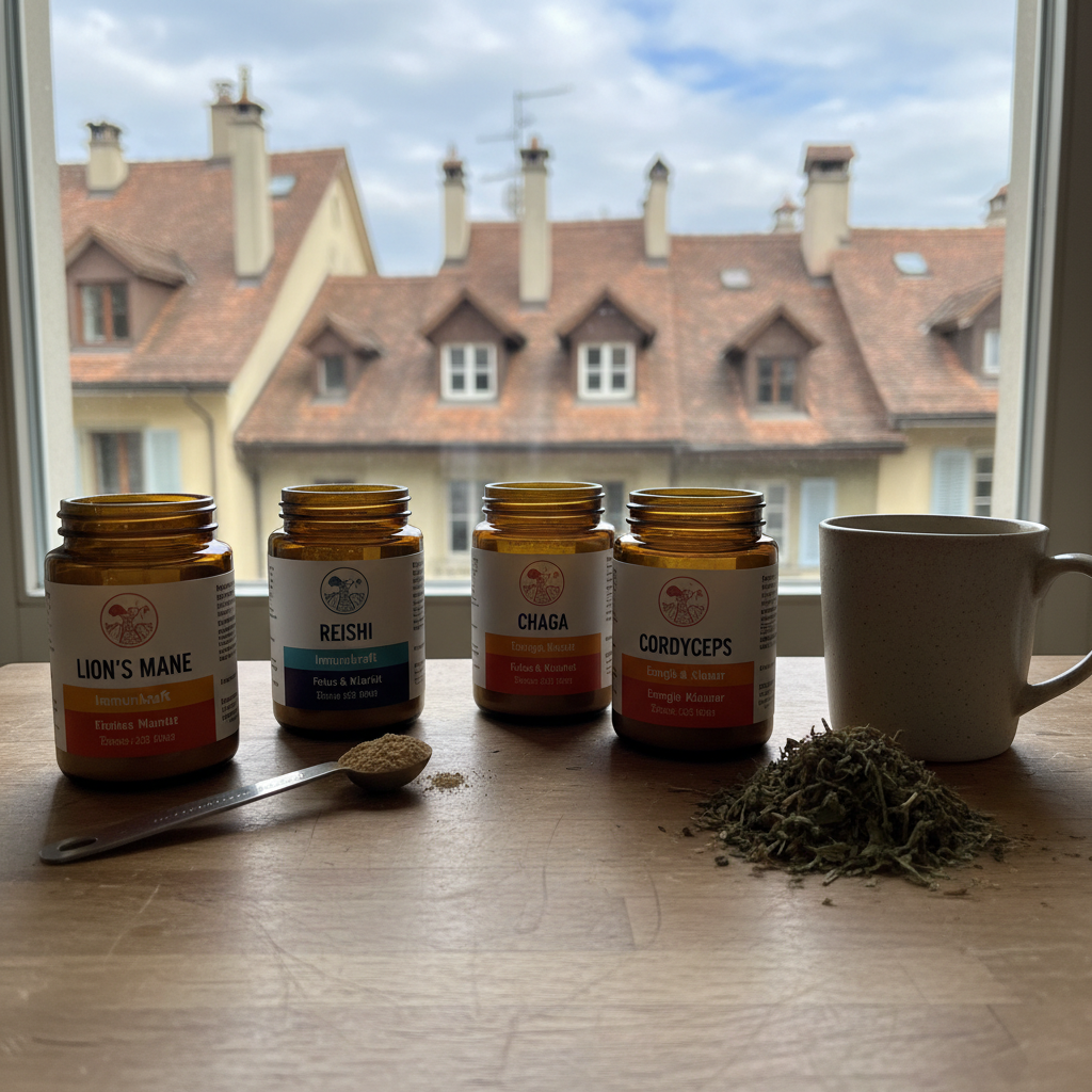 Vitalpilze und Tee auf Küchentisch in Berner Wohnung