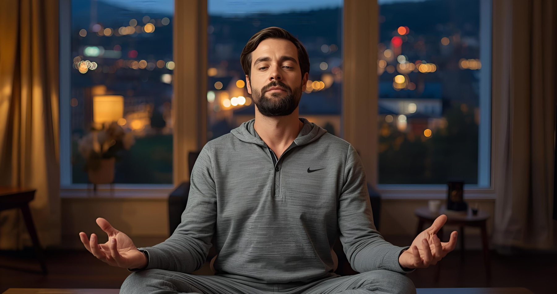 Man in comfortable close in his living room meditating at night