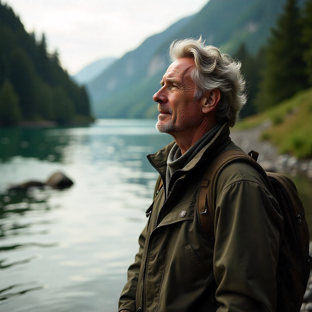 Man 50s, in natur next to a river