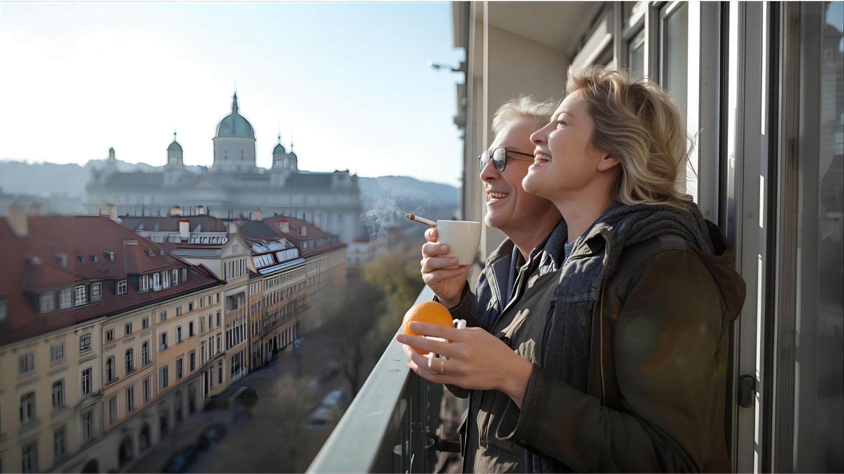 Two people smoking and laughing on a sunny Bern balcon