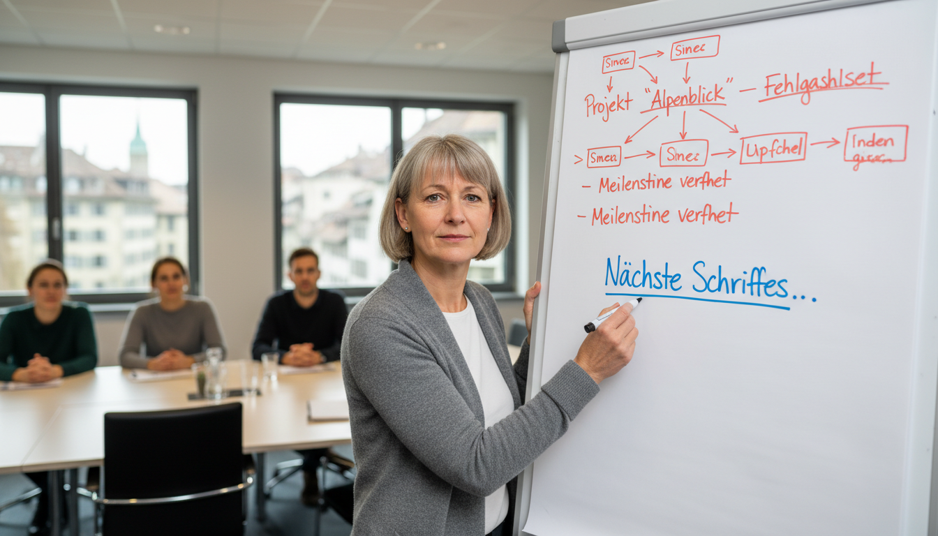 Women 50's writing on a flipchart in an office