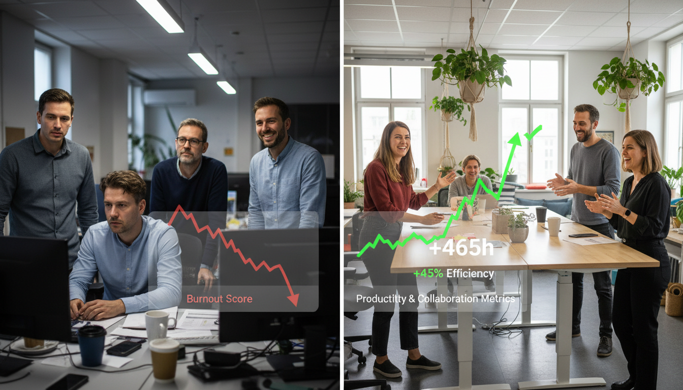Two side picture at office. One people are burnout other people are happy and efficient