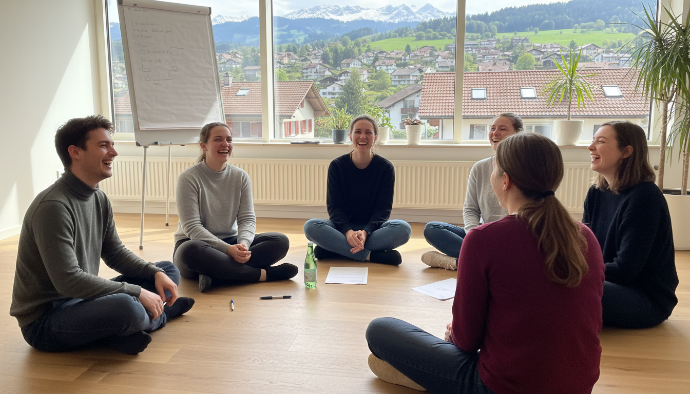 unge Erwachsene lachen entspannt im Stressbewältigungs-Workshop Mana Kendra – Achtsamkeitstraining Ostermundigen
