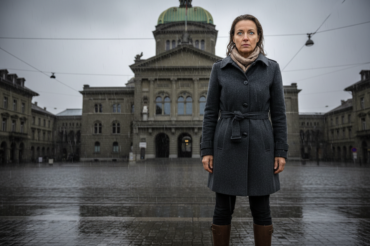 Women 40s standing in the rain in front of Bundeshaus