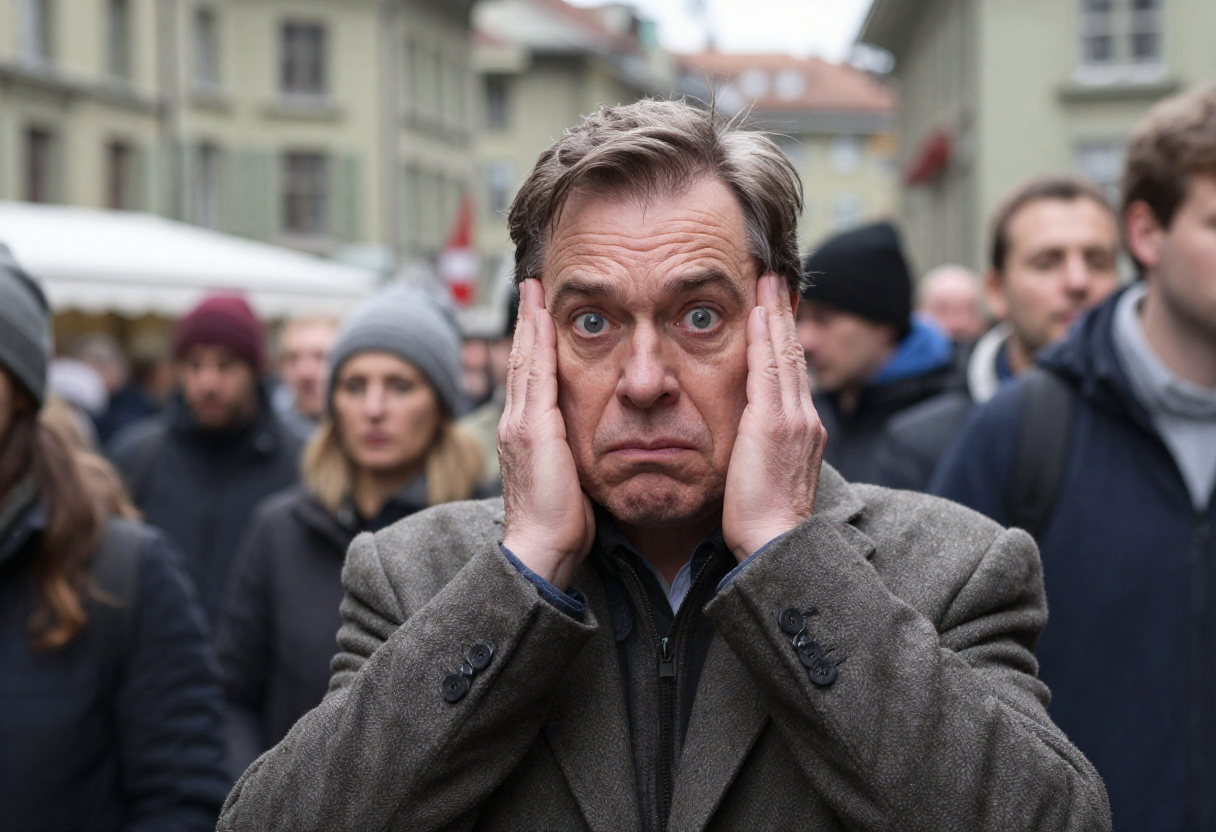 Man 50s in bern street feeling stressed with both hand on his temple