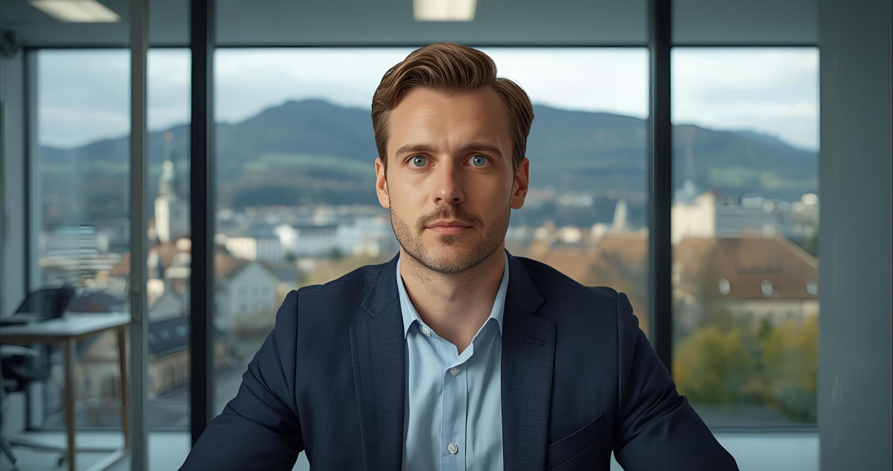 Business man, 30's at office, with bern background