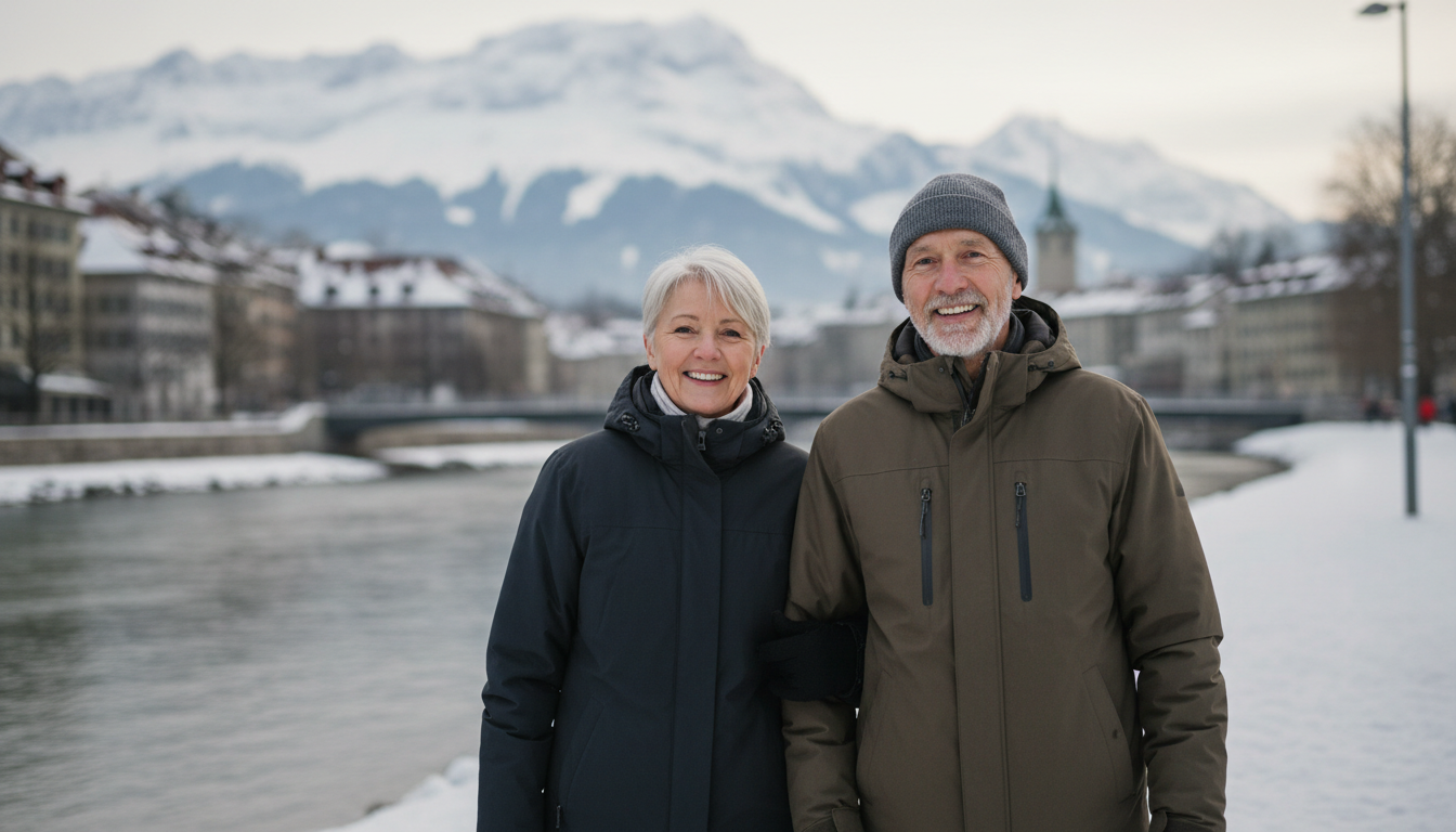 Ein lächelndes älteres Ehepaar in Winterjacken posiert gemeinsam an einem verschneiten Flussufer in einer europäischen Stadt vor einer Kulisse aus gewaltigen, schneebedeckten Bergen.