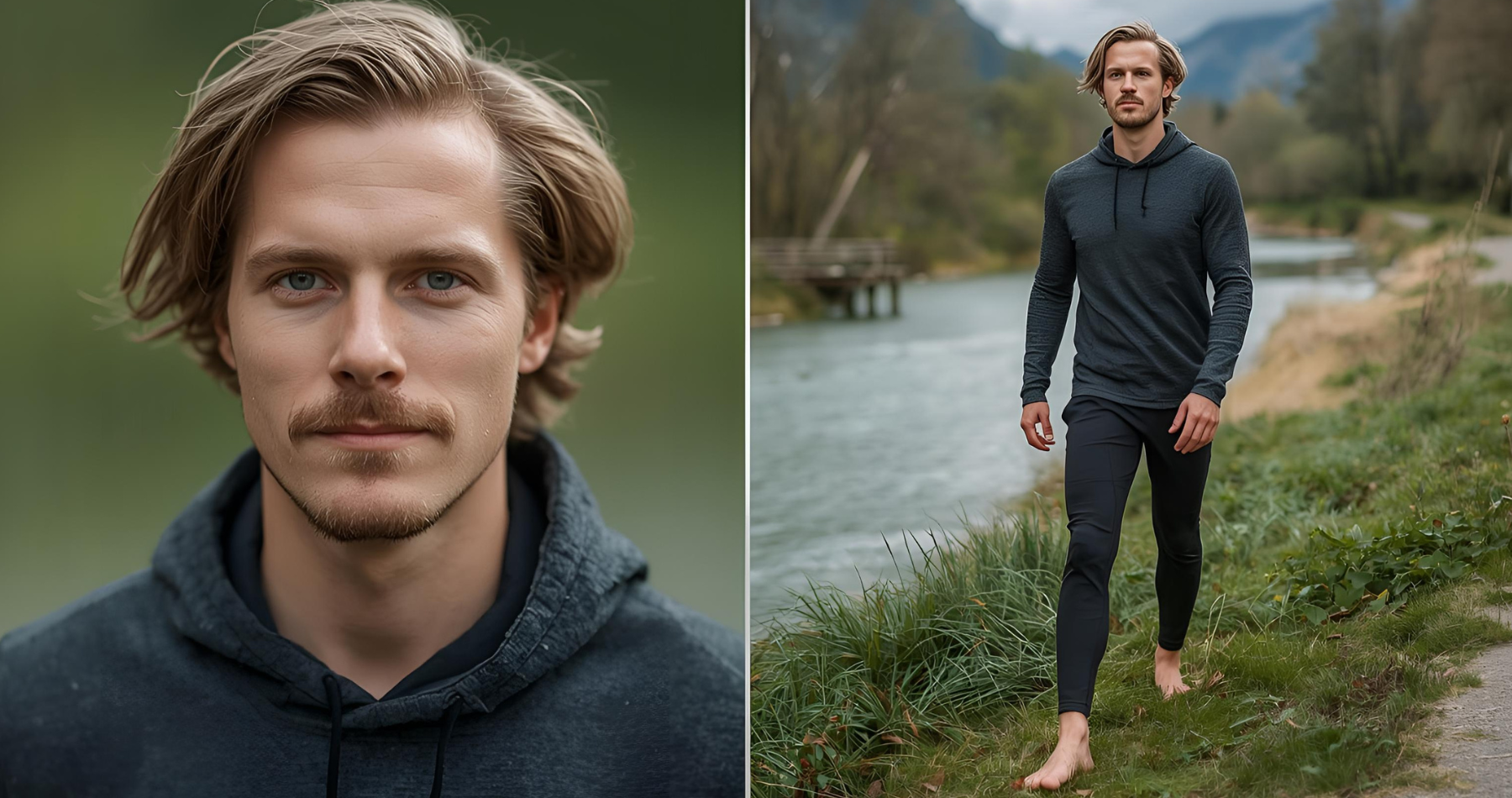 Man 30's, walking barefoot next to aare