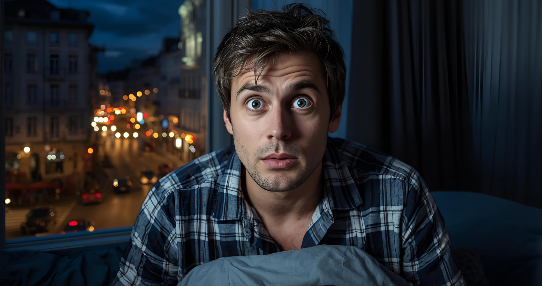 Man 40s, in pyjama in his bed, struggling to sleep with traffic through the window at night